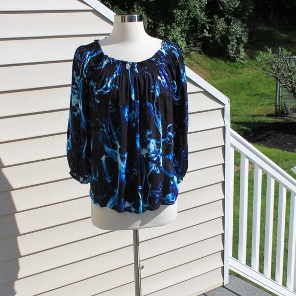 Artelier Nicole Miller Women's Silk Blouse Abstract Blue Smoke Swirls Print - Picture 10 of 16